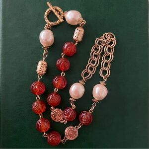 Elegant Vintage Rose Cut Carnelian & Faux Pearl Necklace